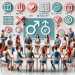 Modern bir eğitim ortamında, cinsel mitler ve gerçekler hakkında bilgi alışverişi yapan bir grup insanın dijital illüstrasyonu.