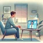 Kaygı ve stres yönetimi Modern ve sakin bir odada, laptop üzerinden online terapi seansı gerçekleştiren gerçekçi ergen figürünü betimleyen dijital illüstrasyon.