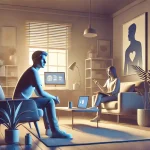 Modern ve sakin bir odada, laptop üzerinden online terapi seansı gerçekleştiren gerçekçi ergen figürünü betimleyen dijital illüstrasyon.