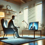 Modern ev ortamında online danışmanlık seansı gerçekleştiren gerçekçi insan figürünü betimleyen dijital illüstrasyon.