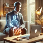 Modern ev ortamında, laptop üzerinden online terapi seansı gerçekleştiren gerçekçi insan figürünü betimleyen dijital illüstrasyon.